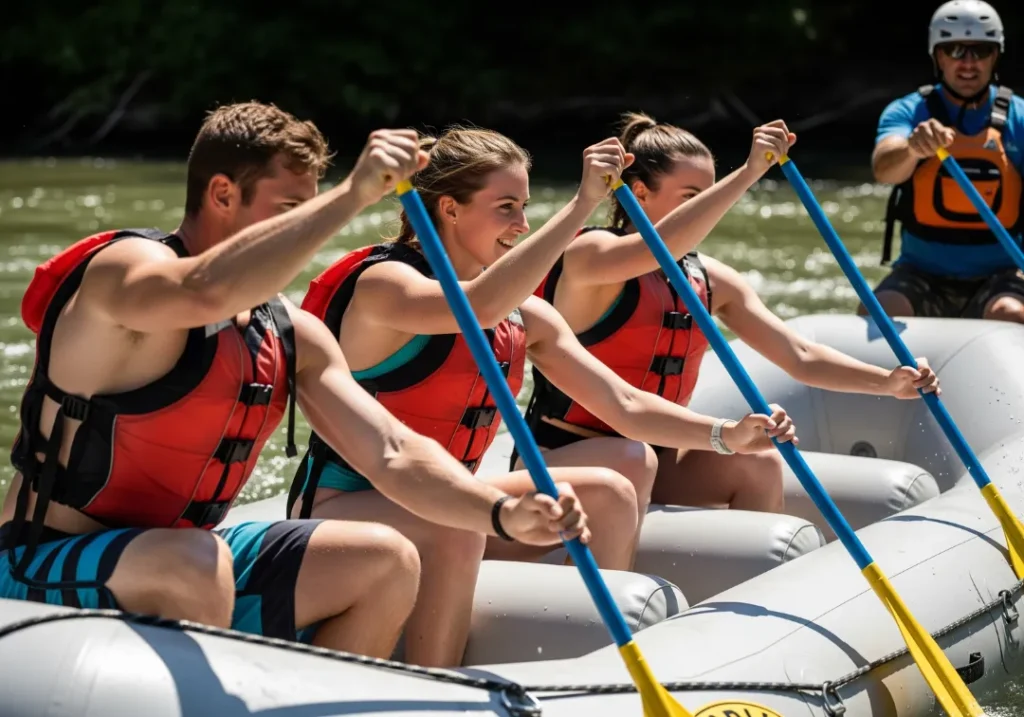 A full-body view from inside a raft showing a team of young paddlers in swimwear executing a perfectly synchronized paddle stroke.