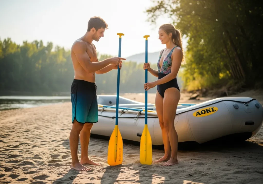 A full-body shot of a young man and woman in swimwear comparing two rafting paddles on a sunny riverbank next to their raft.
