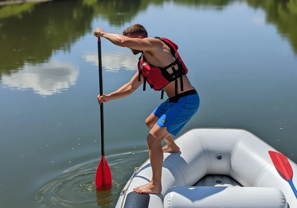 A full-body shot of a male guide on a raft demonstrating the correct torso rotation for a perfect rafting draw stroke.