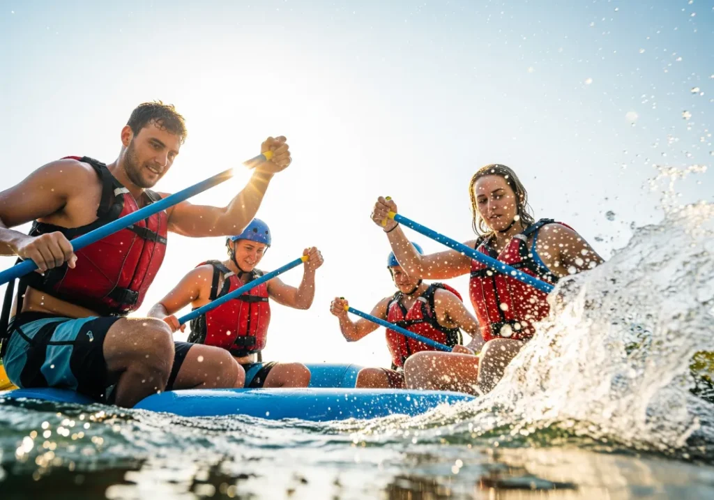 A low-angle, full-body action shot of a synchronized rafting crew in swimwear paddling hard and in unison through the water.