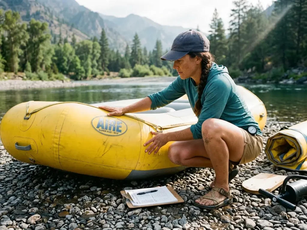 Boater inspecting an AIRE inflatable raft on a gravel bar while comparing two boats before buying