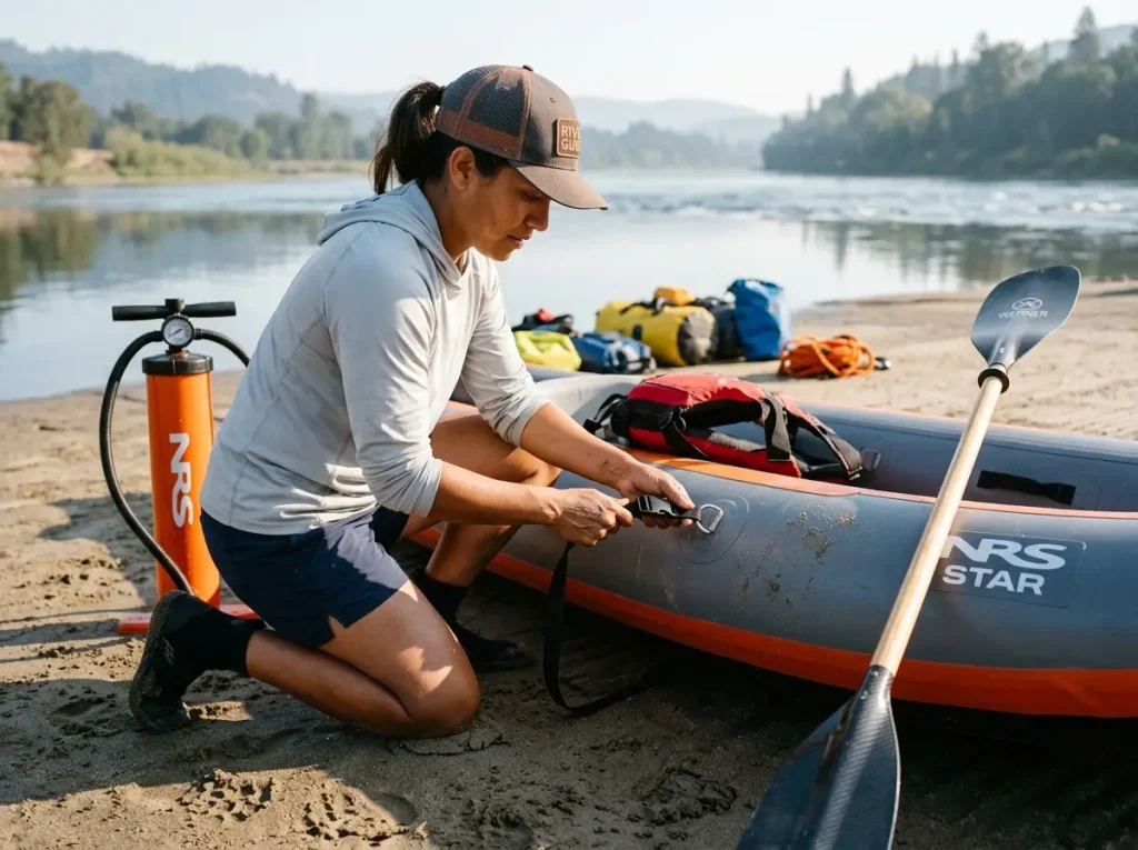 Paddler rigging thigh straps and inflating an inflatable kayak with a high-volume pump at the put-in