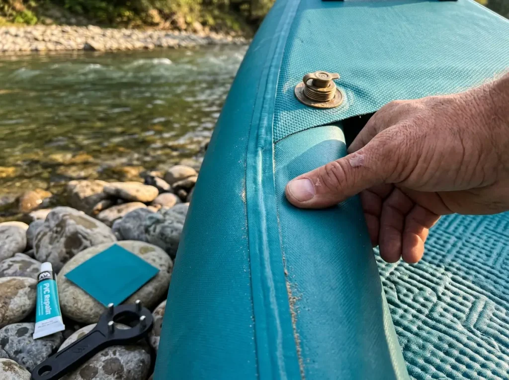 Close-up of welded seams and drop-stitch floor on a whitewater inflatable kayak