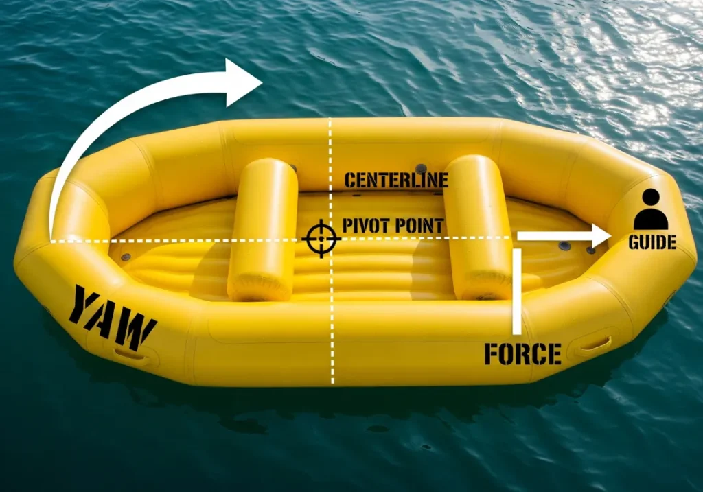 A clear, top-down diagram of a whitewater raft on calm water, visually explaining the concept of inherent yaw. Labels painted on the raft indicate the "CENTERLINE," the "PIVOT POINT," the "FORCE" of a paddle stroke from the "GUIDE" at the stern, and the resulting "YAW" or turn at the bow.
