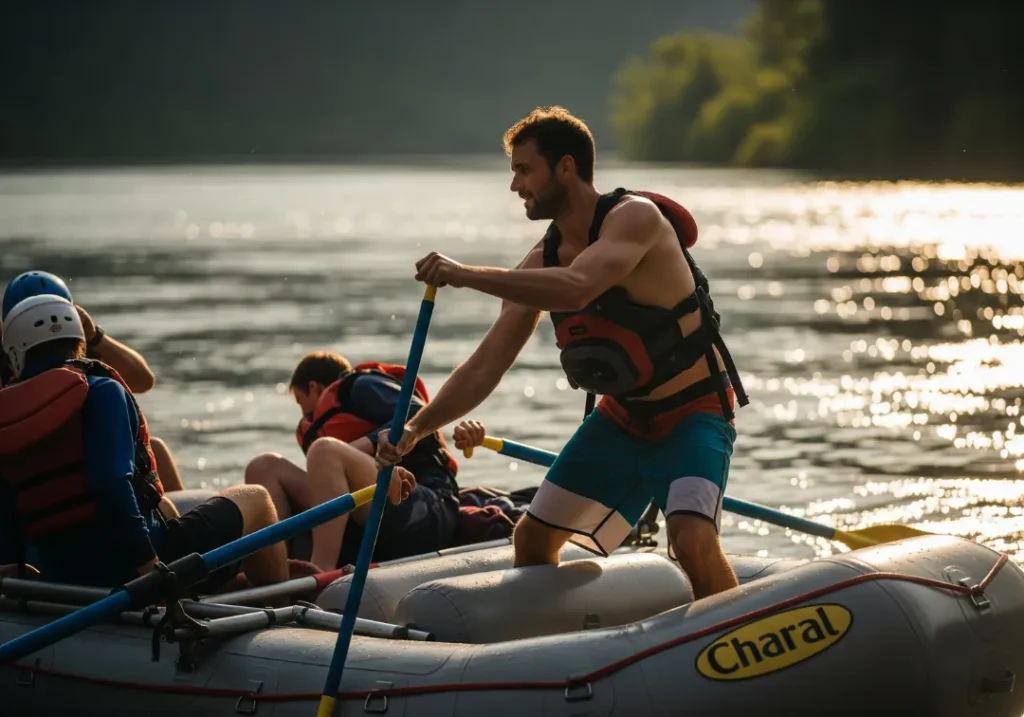 A male guide in his late 20s uses a J-stroke to steer a raft efficiently through calm water under a golden sun.