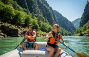 The J-Stroke: A Progressive Skill-Building Guide A fit young woman in a swimsuit and PFD guides a raft with a J-stroke while a male passenger rests, on a sunny river.