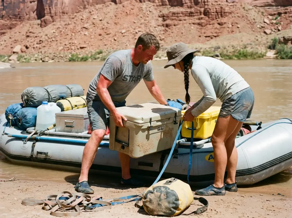 Boaters loading coolers and dry boxes onto a raft for a multi-day river trip