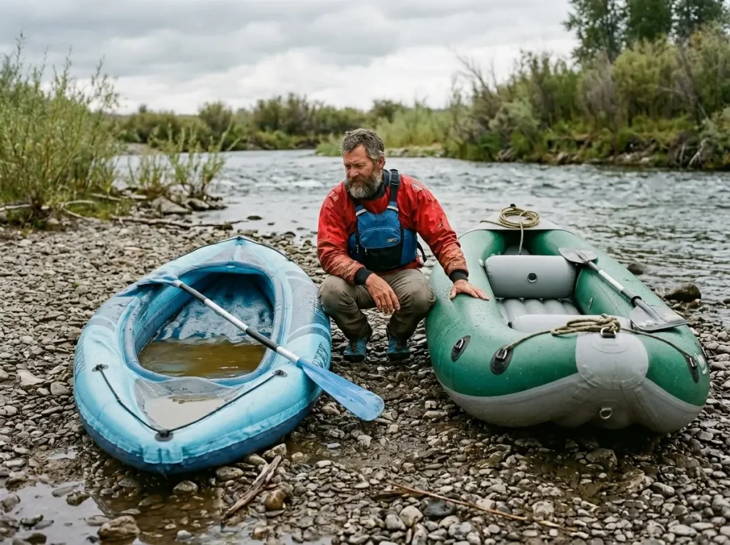 Cheap thin-vinyl inflatable kayak folded and swamped next to a rugged whitewater IK on a gravel bar