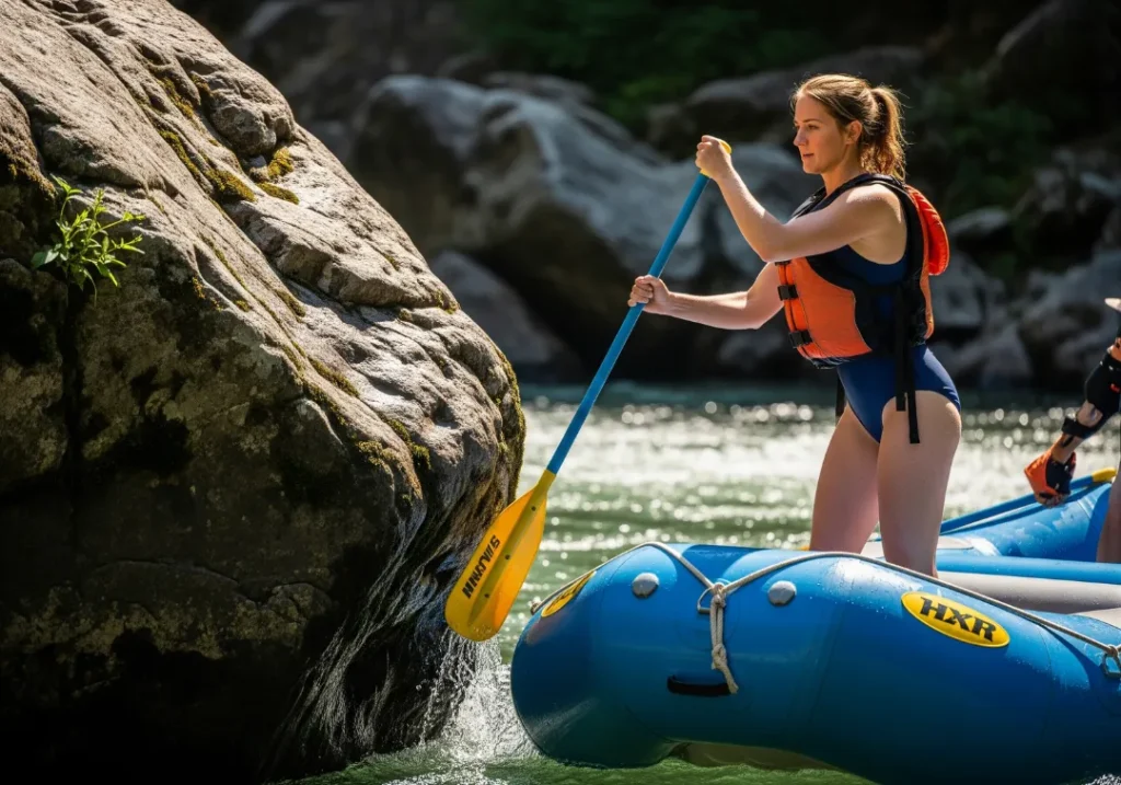 A full-body shot of a female raft guide using a draw stroke to hold the boat precisely next to a large rock in the river.