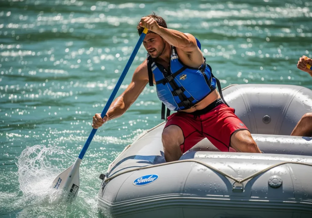 Full-body shot of a male guide paddling a raft, clearly showing the bow turning away from the side of the paddle stroke.