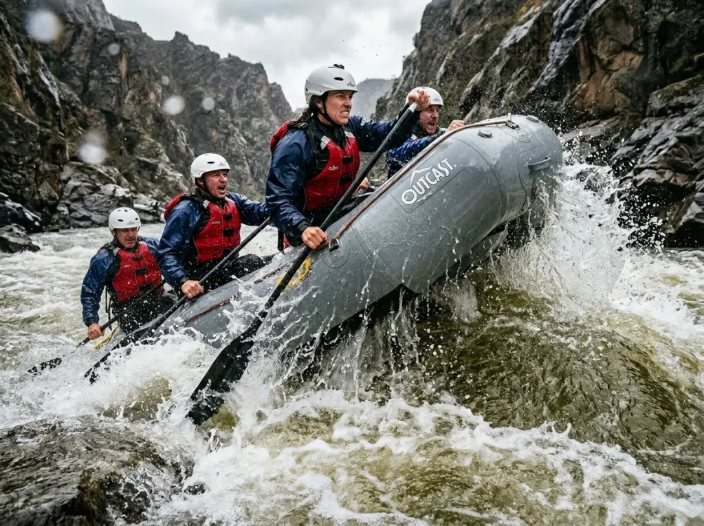 Larger whitewater raft punching through a big Class IV wave on a high-volume river