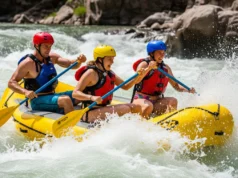 Your Raft Size Guide: From Day Trips to Class IV Rapids Three young, athletic rafters in a yellow raft paddle hard through a large whitewater rapid on a sunny day.