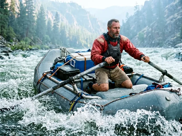 raft-size-guide-whitewater-rapid-hero Loaded whitewater raft running a Class III rapid, river guide reading the line ahead