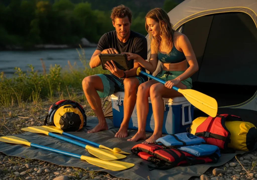 A full-body shot of a young couple at a riverside campsite, surrounded by gear and using a tablet to research rafting paddles.