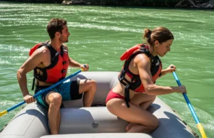 Master the Rafting Draw Stroke: From Eddies to Ferries A fit young woman in a bikini and life jacket executes a draw stroke to guide a raft, while a man in boardshorts sits in the front on a sunny river.