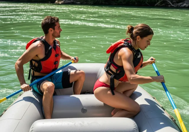 rafting-draw-stroke-technique A fit young woman in a bikini and life jacket executes a draw stroke to guide a raft, while a man in boardshorts sits in the front on a sunny river.