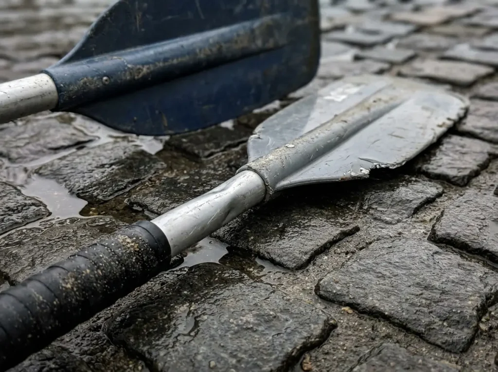 Bent shaft and worn blade of a cheap unbranded aluminum raft paddle on river cobbles