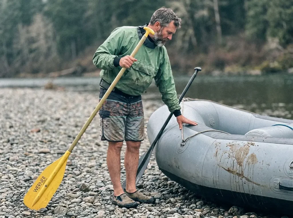 Rafter standing beside a raft tube holding a long Werner guide paddle to check length