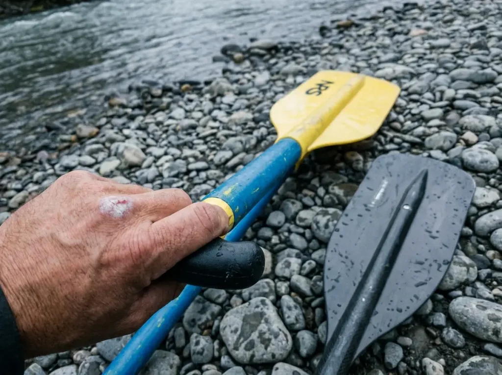 Close-up of a rafter's hand indexing the T-grip on an NRS raft paddle on a gravel bar
