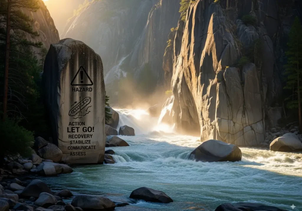 An infographic depicting the dangers of paddle entrapment in whitewater rafting. In the foreground, key safety steps—Hazard, Action (Let Go!), and Recovery—are carved into a large rock face on a riverbank, set against a dramatic whitewater scene.
