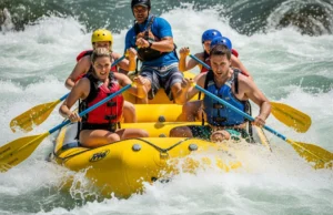 Rafting Strokes 101: A Guide to Technique & Purpose A full-body action shot of a young man and woman in swimwear and life jackets leading a crew in paddling a raft through whitewater rapids.