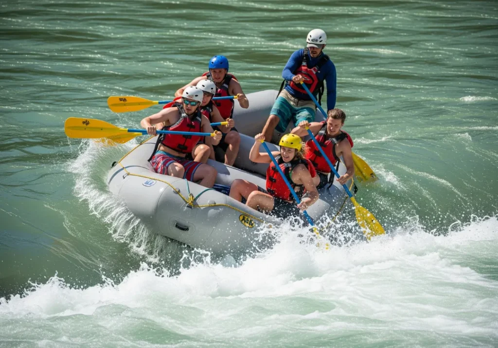 A wide, full-body shot of a rafting crew in swimwear executing a technical peel-out maneuver from a calm eddy into the main river current.