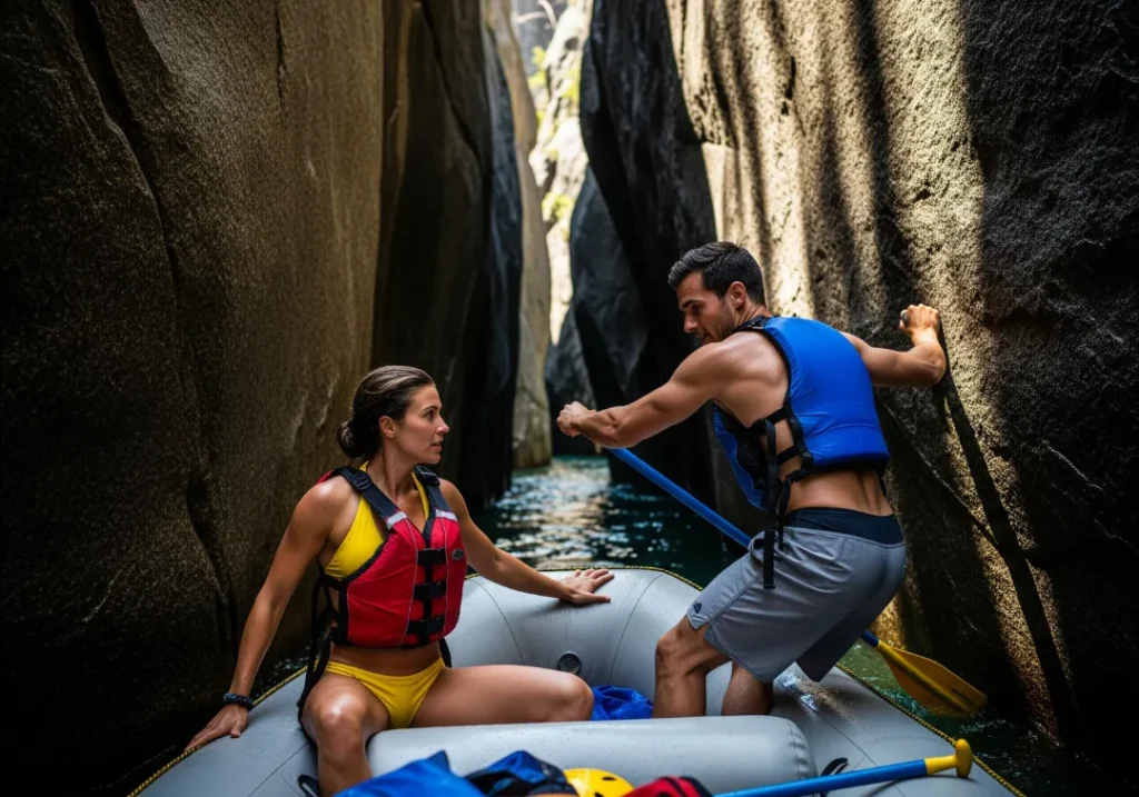 A couple in a raft navigates a narrow rock channel, with the male guide using a draw stroke for precise positioning.
