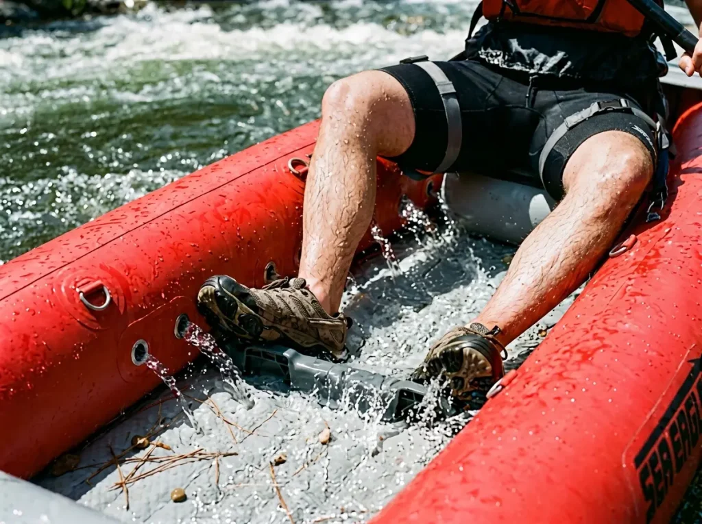 Water draining through the self-bailing floor holes of an inflatable kayak after a wave