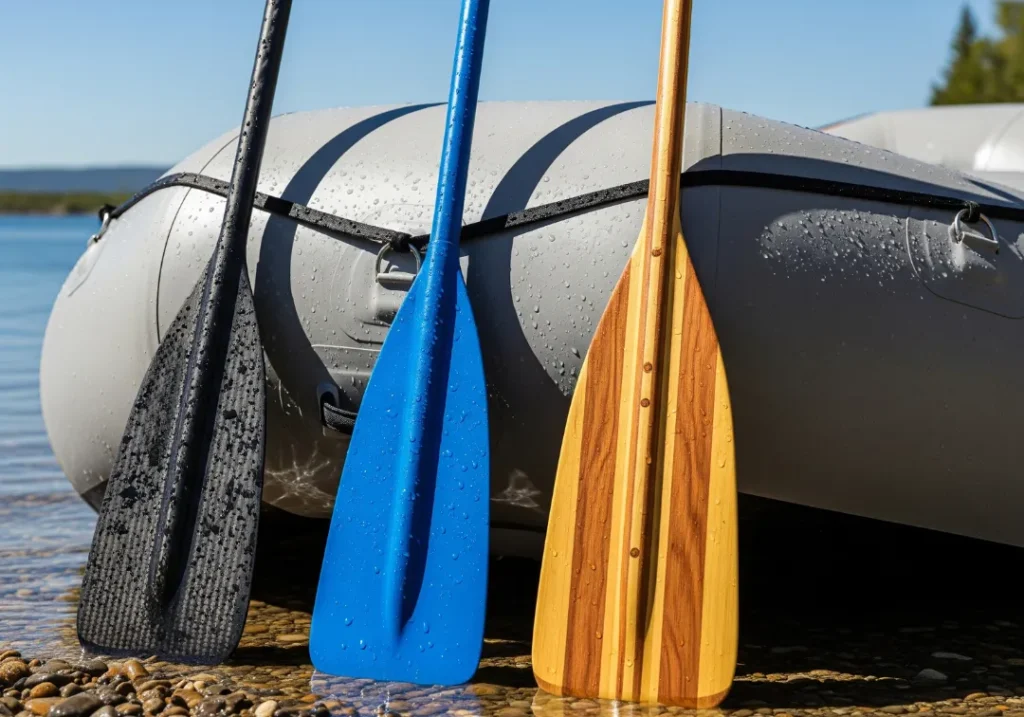 A close-up of three different types of high-end rafting paddles—carbon, fiberglass, and wood—leaning against a raft on a riverbank.