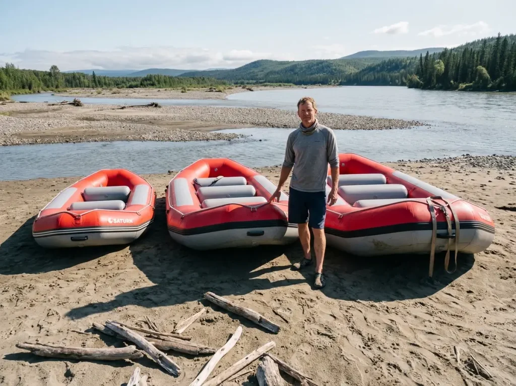 Three Saturn whitewater rafts of different lengths lined up on a riverbank for size comparison