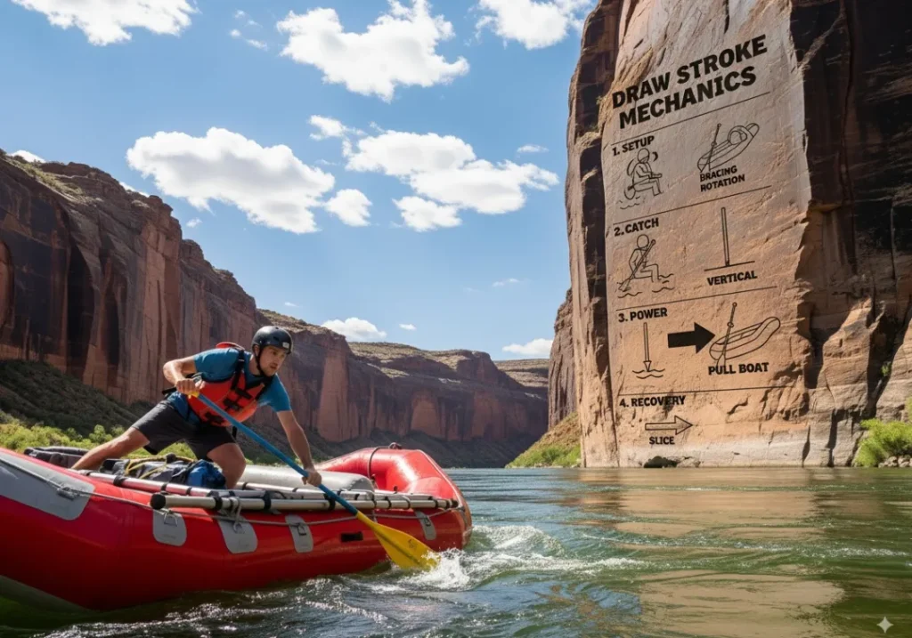An infographic illustrating the proper technique for a whitewater rafting draw stroke, set against a dynamic river scene. A large rock face displays etched diagrams for each phase: setup, catch, power, and recovery slice.
