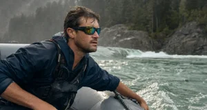 Best Polarized Sunglasses for Rafting That Float Rafter in a raft reading the river line wearing polarized Smith Optics sunglasses on a gray morning