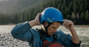 Best Rafting Helmet for the Class You Actually Run Boater checking the fit of a WRSI Current rafting helmet at the put-in before a spring run