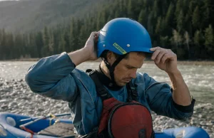 Best Rafting Helmet for the Class You Actually Run Boater checking the fit of a WRSI Current rafting helmet at the put-in before a spring run