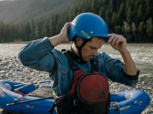 0-best-rafting-helmet-fit-check-put-in Boater checking the fit of a WRSI Current rafting helmet at the put-in before a spring run