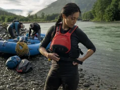 Best PFD for Rafting When You’re Not a Guide Rafter cinching her Astral GreenJacket rafting PFD at the put-in before pushing off on a gray morning