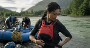 Best PFD for Rafting When You’re Not a Guide Rafter cinching her Astral GreenJacket rafting PFD at the put-in before pushing off on a gray morning