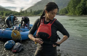 Best PFD for Rafting When You’re Not a Guide Rafter cinching her Astral GreenJacket rafting PFD at the put-in before pushing off on a gray morning