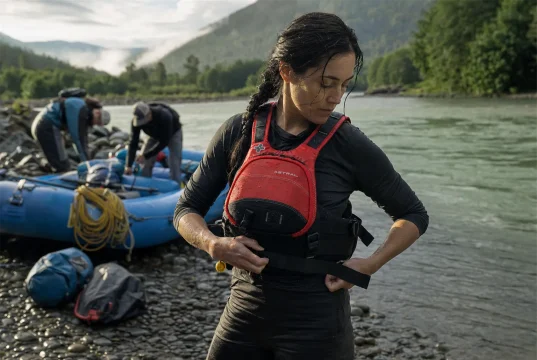 Best PFD for Rafting When You’re Not a Guide Rafter cinching her Astral GreenJacket rafting PFD at the put-in before pushing off on a gray morning