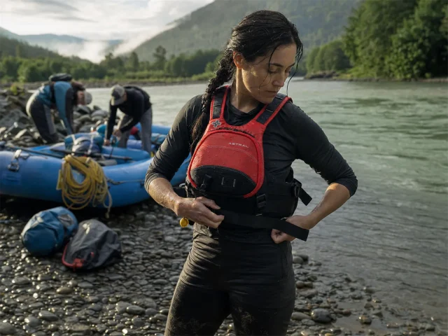 0-rafting-pfd-put-in-strap-cinch Rafter cinching her Astral GreenJacket rafting PFD at the put-in before pushing off on a gray morning