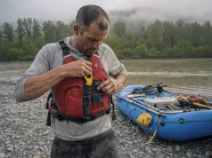 River Knife Buying Guide Why Sheaths Fail First Boater clipping a CRKT Bear Claw river knife onto his PFD lash tab at a gravel-bar put-in