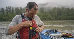 River Knife Buying Guide Why Sheaths Fail First Boater clipping a CRKT Bear Claw river knife onto his PFD lash tab at a gravel-bar put-in