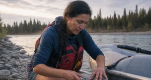 The 4-3-2-1-1 River Rescue Kit Guides Actually Carry Boater counting the locking carabiners in her river rescue kit on a raft frame at the put-in