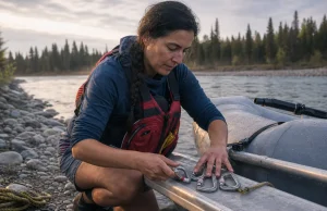 The 4-3-2-1-1 River Rescue Kit Guides Actually Carry Boater counting the locking carabiners in her river rescue kit on a raft frame at the put-in