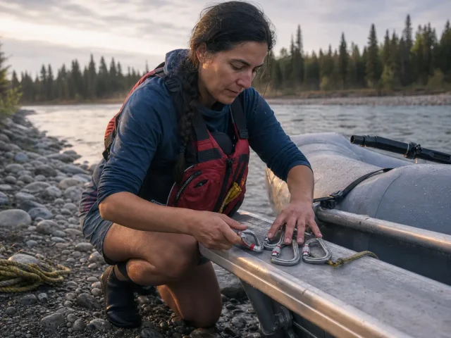 0-river-rescue-kit-carabiner-count-put-in Boater counting the locking carabiners in her river rescue kit on a raft frame at the put-in