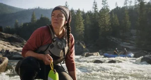 Best River Rescue Throw Bags and Why NFPA Is Overkill Rafter holding a high-vis green river rescue throw bag on a granite bank above a Class III rapid