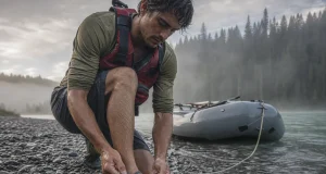 Water Shoes for Rafting Buying Guide That Stay On Rafter lacing an Astral Brewer water shoe at a misty river put-in before launch