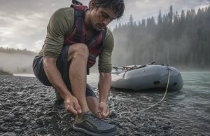 Water Shoes for Rafting Buying Guide That Stay On Rafter lacing an Astral Brewer water shoe at a misty river put-in before launch