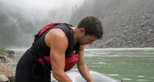 Wetsuit vs Drysuit for Rafting What Actually Matters Rafter in a black sleeveless wetsuit rigging a raft at a cold river put-in in early light