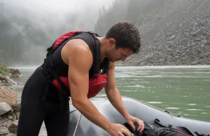 Wetsuit vs Drysuit for Rafting What Actually Matters Rafter in a black sleeveless wetsuit rigging a raft at a cold river put-in in early light
